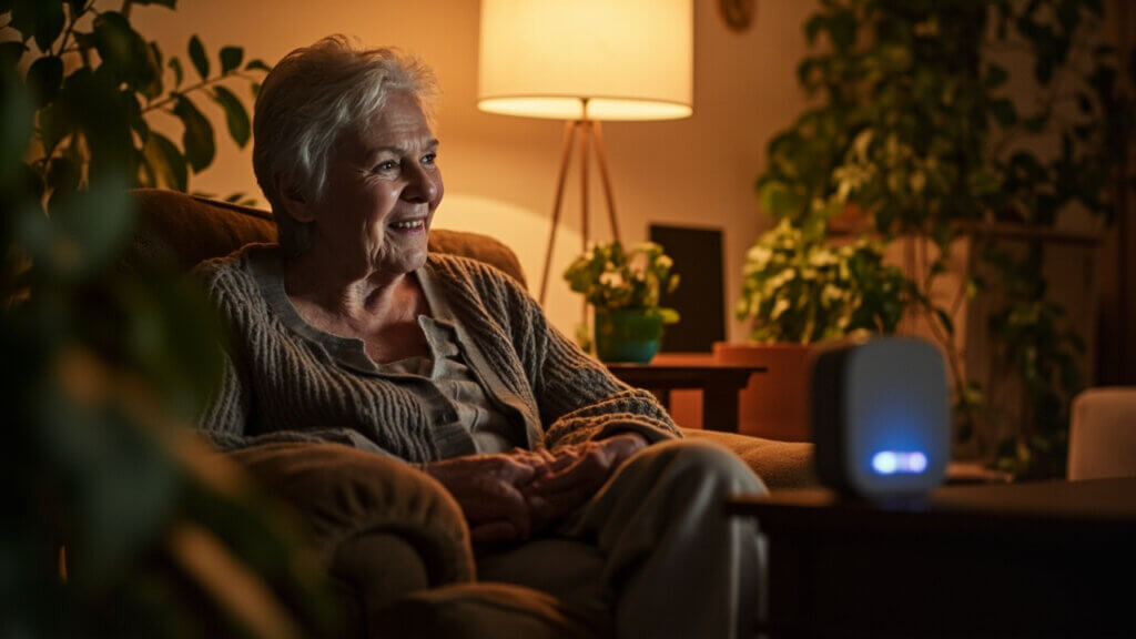 Senior using a voice-activated smart device at home for daily assistance
