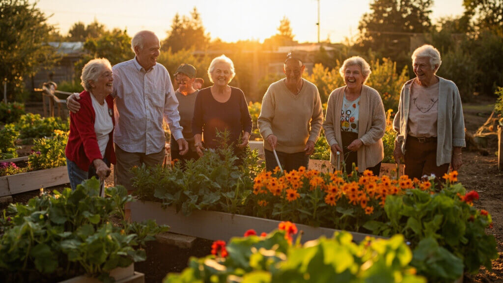Senior volunteers sharing a laugh after completing a meaningful outdoor project together