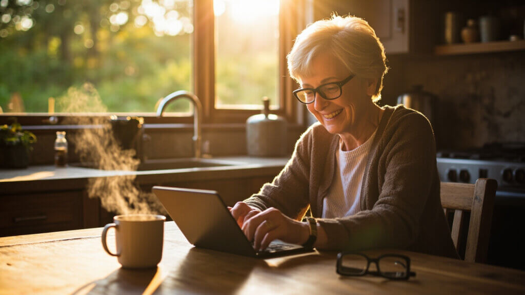 Senior woman browsing Amazon on a tablet, enjoying convenient online shopping