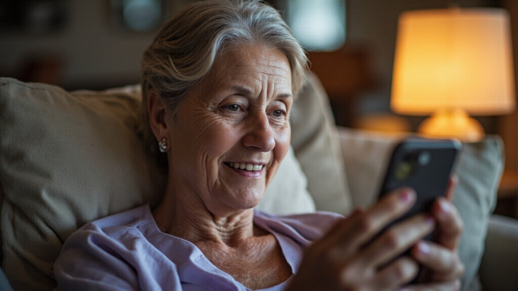 Senior woman enjoying a safe video date on her smartphone