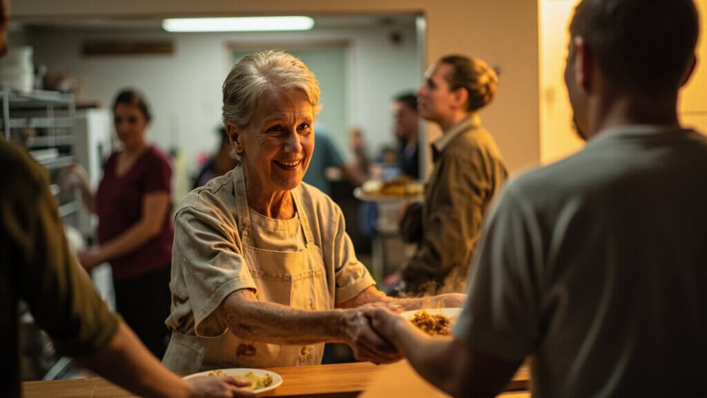 Senior woman joyfully volunteering at a soup kitchen, handing out meals with a smile