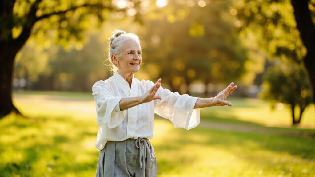 Senior woman looking relaxed and content after outdoor Tai Chi practice