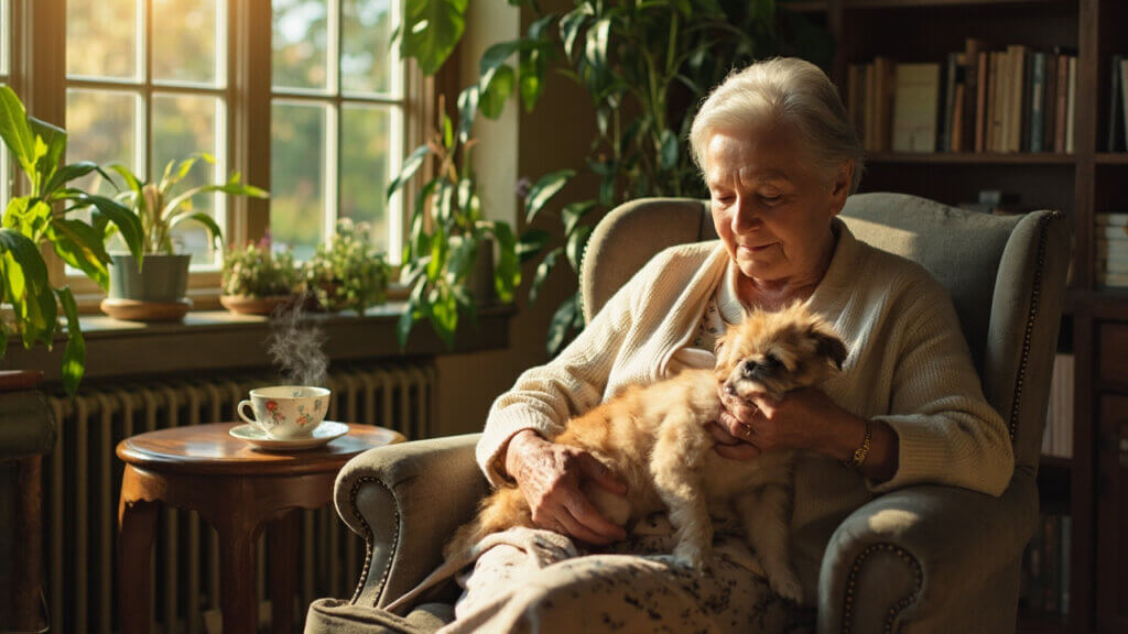 Senior woman petting her lap dog while relaxing on a couch