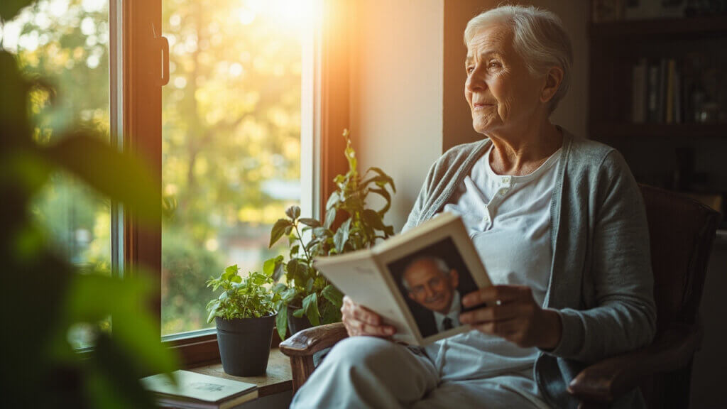 Senior woman remembering her late spouse while thinking about the future