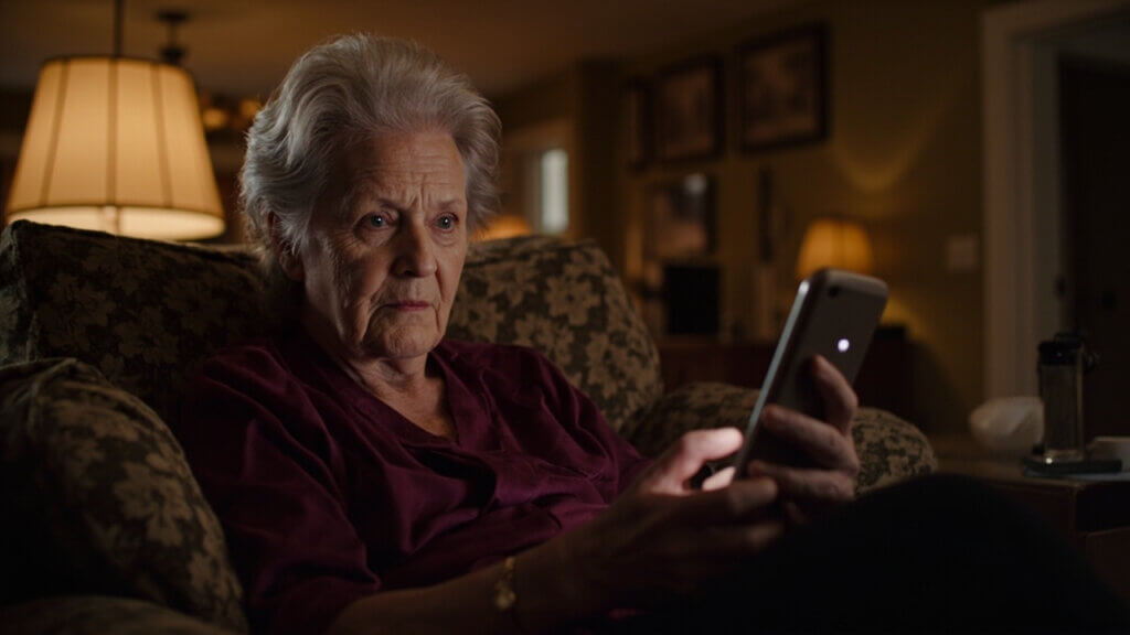Senior woman reviewing an online dating profile cautiously to avoid scams