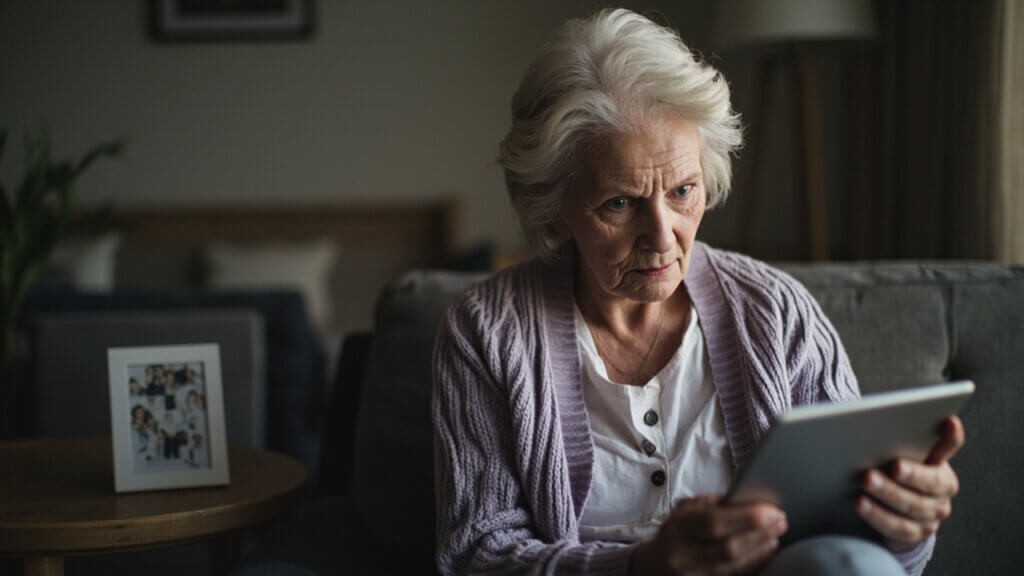 Senior woman suspicious of a deepfake video call from someone claiming to be family