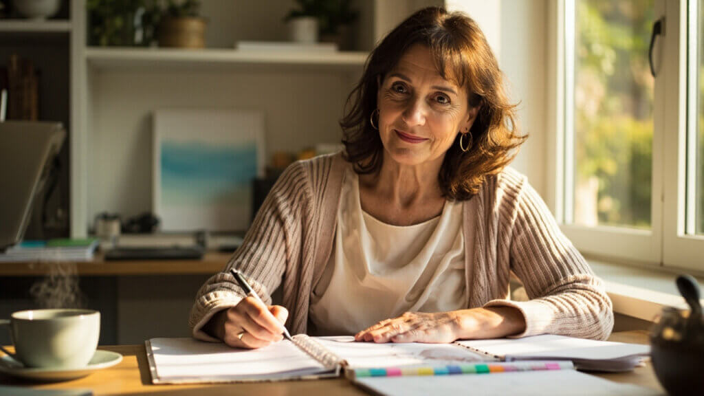 Senior woman using a planner to stay organized and focused