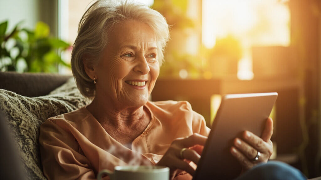 Senior woman video chatting on a dating app, smiling warmly