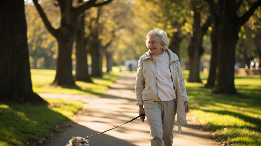 Senior woman walking her dog peacefully through a tree-lined park path