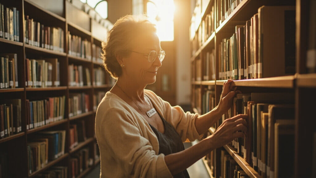 Senior woman working part-time in a public library, organizing shelves with a smile