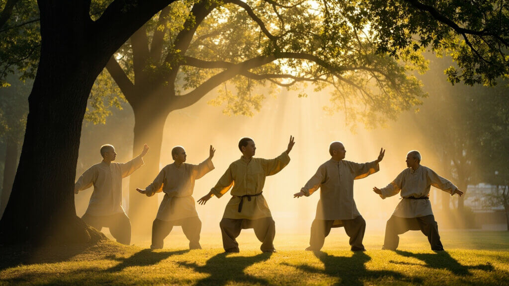 Seniors moving gracefully in unison during a peaceful outdoor Tai Chi class