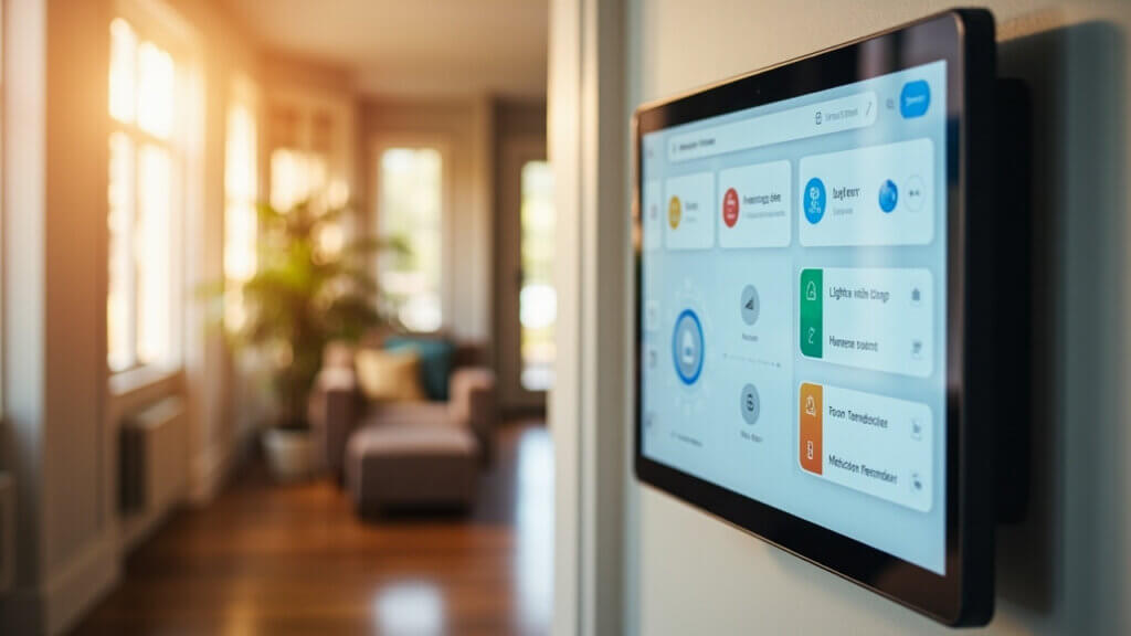Smart home dashboard displaying AI-managed safety and comfort features for seniors
