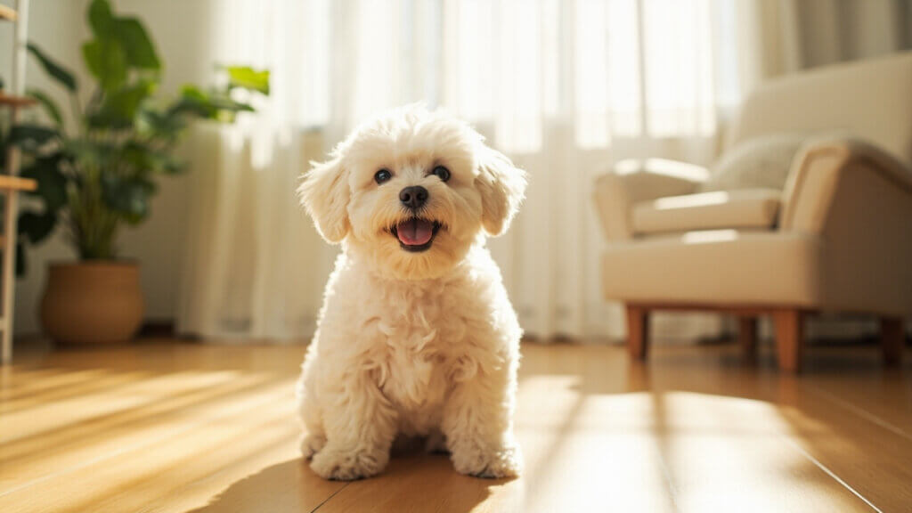 Smiling Bichon Frise looking up expectantly in a bright home
