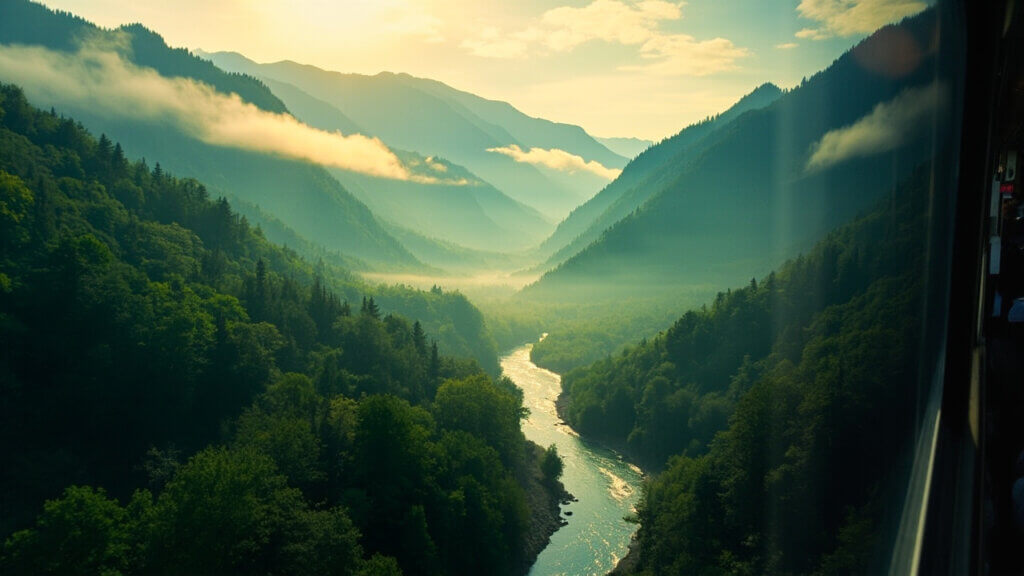 View of forested mountains and river seen through train windows on Amtrak