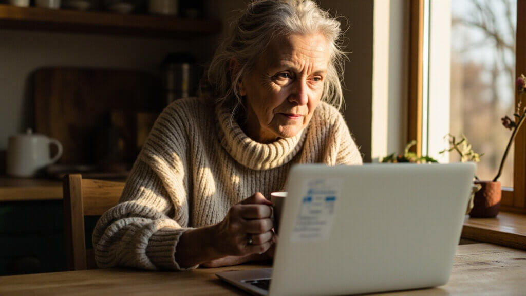 Woman over 50 looking at remote freelance job listings on her laptop at home