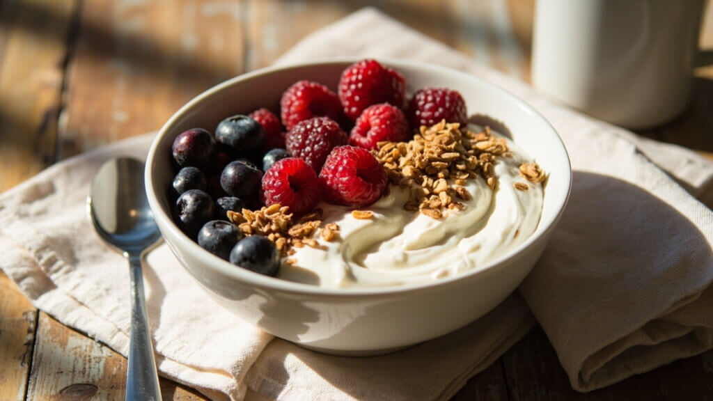 Probiotic-rich breakfast bowl with yogurt and gut-friendly toppings for seniors