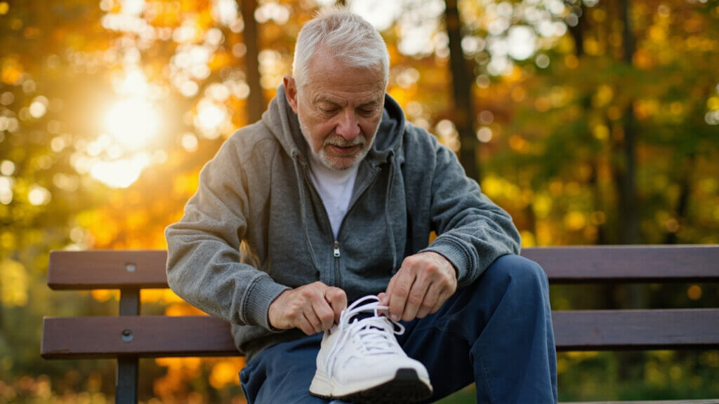 Senior man preparing for a daily walk as part of a healthy aging routine