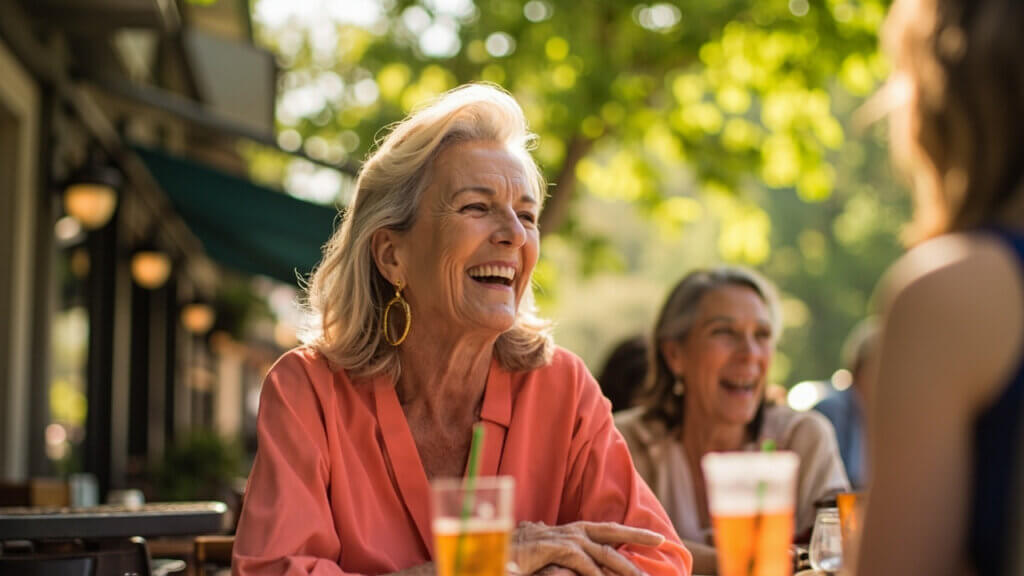 Woman in her 60s enjoying meaningful time with friends, smiling freely