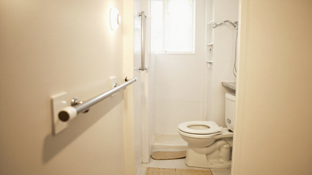 Age-proofed bathroom setup with affordable safety modifications for seniors