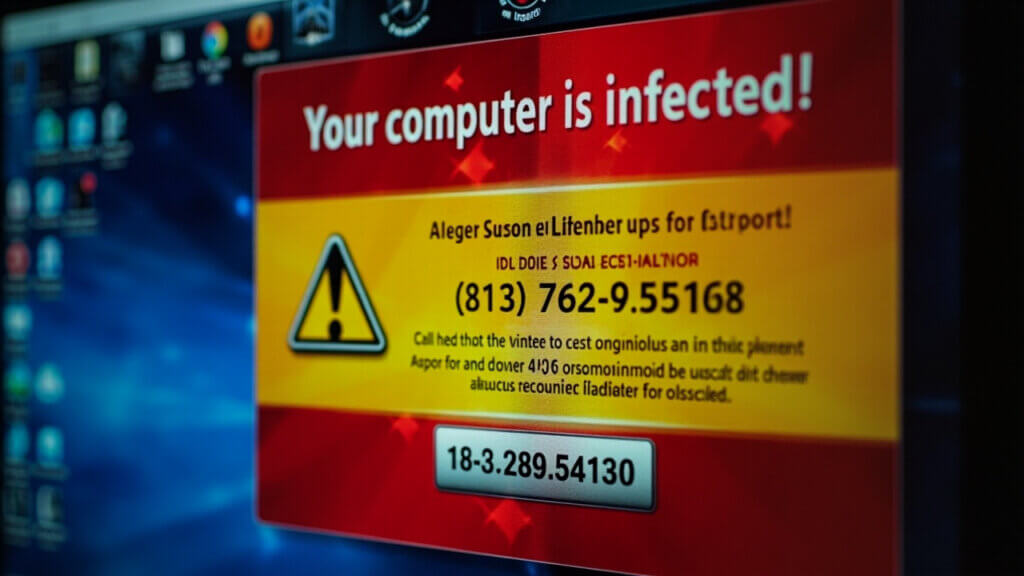 Deceptive tech support scam pop-up designed to trick older adults into calling