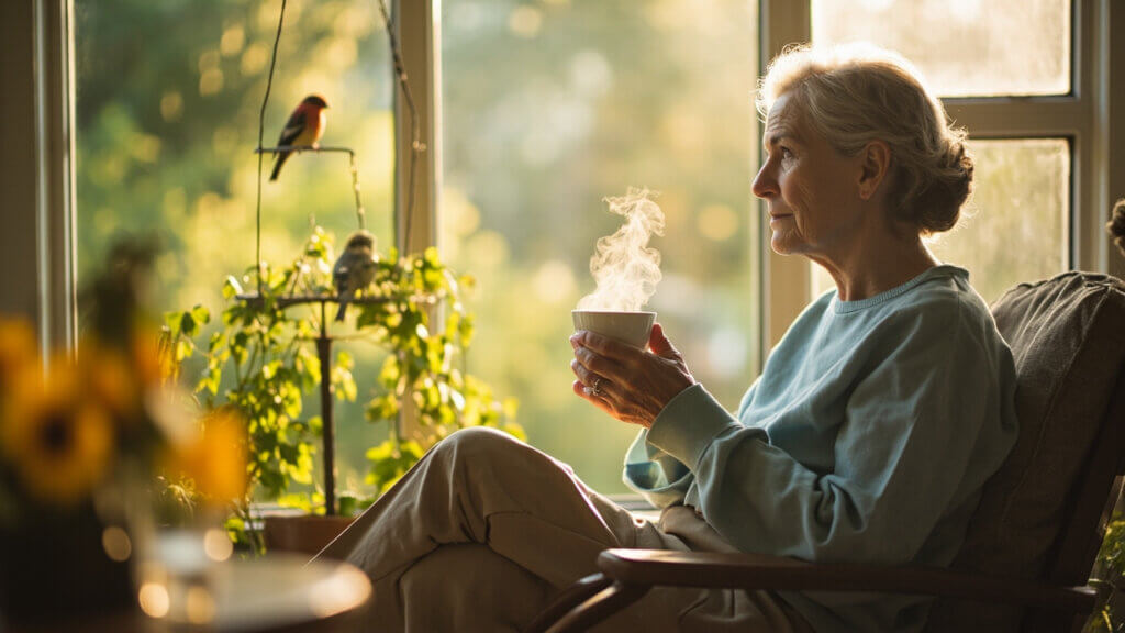 Older adult enjoying peaceful moments watching birds outside her window