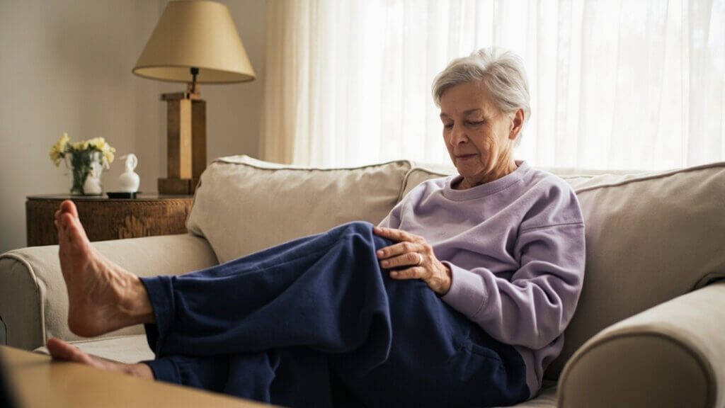 Older adult rotating her ankle to maintain joint mobility and prevent stiffness