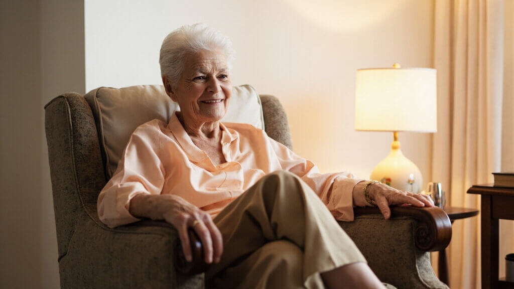 Older adult seated in a safely modified chair with added height for joint comfort