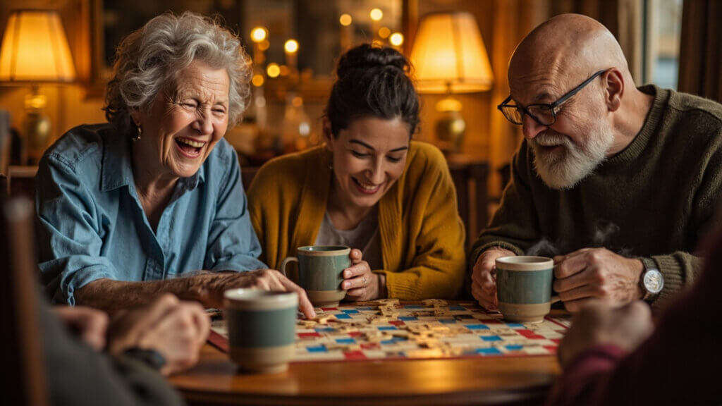 Older adults enjoying a friendly word game together for social and cognitive benefits
