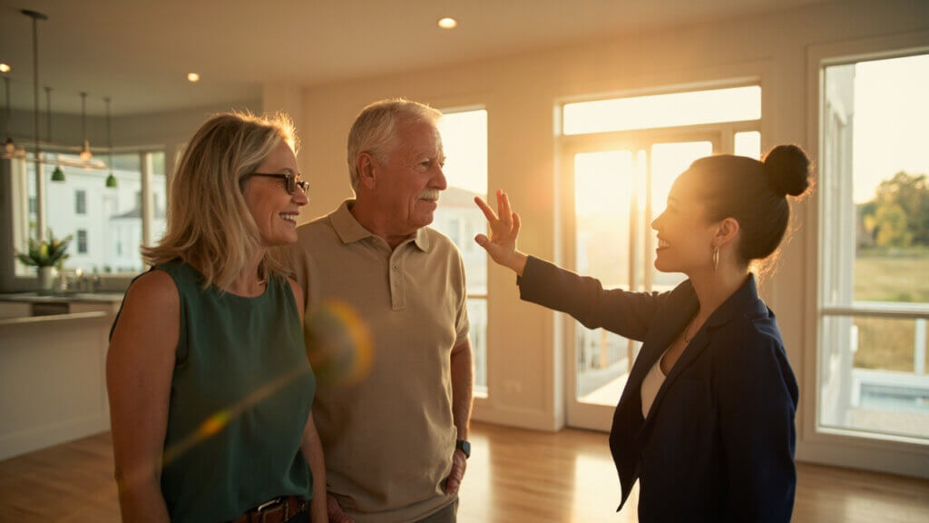 Older adults exploring housing options near their children’s city with a realtor
