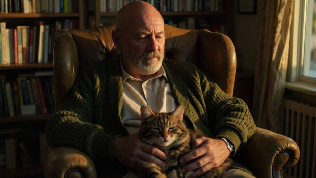 Older man enjoying a quiet afternoon with his cat companion napping in his lap