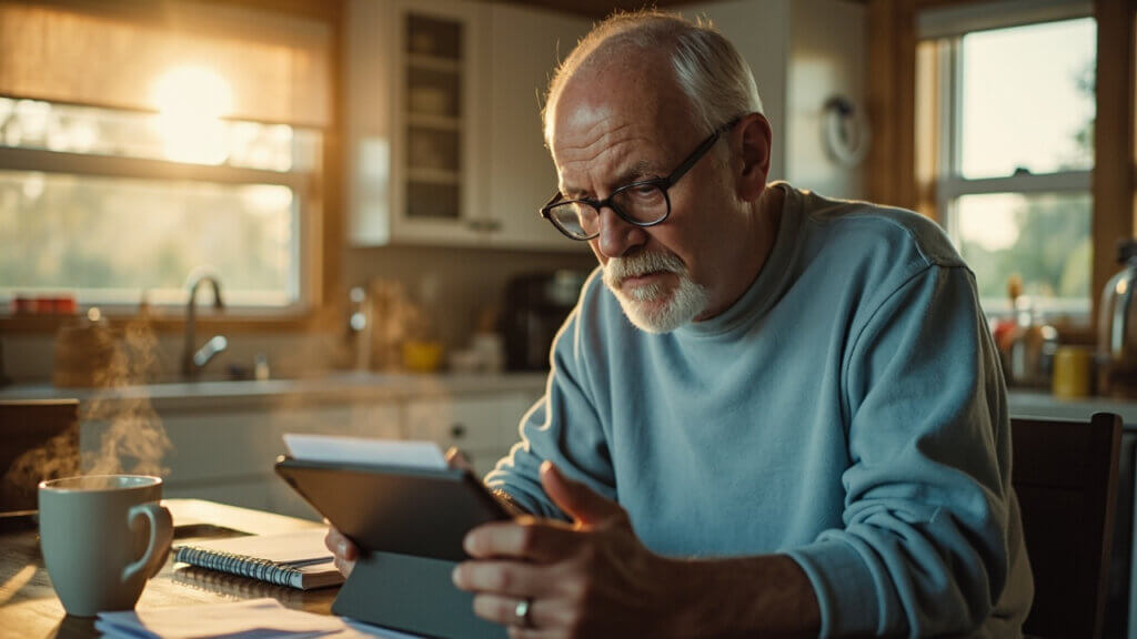 Older man examining a suspicious email, trying to identify a tech scam