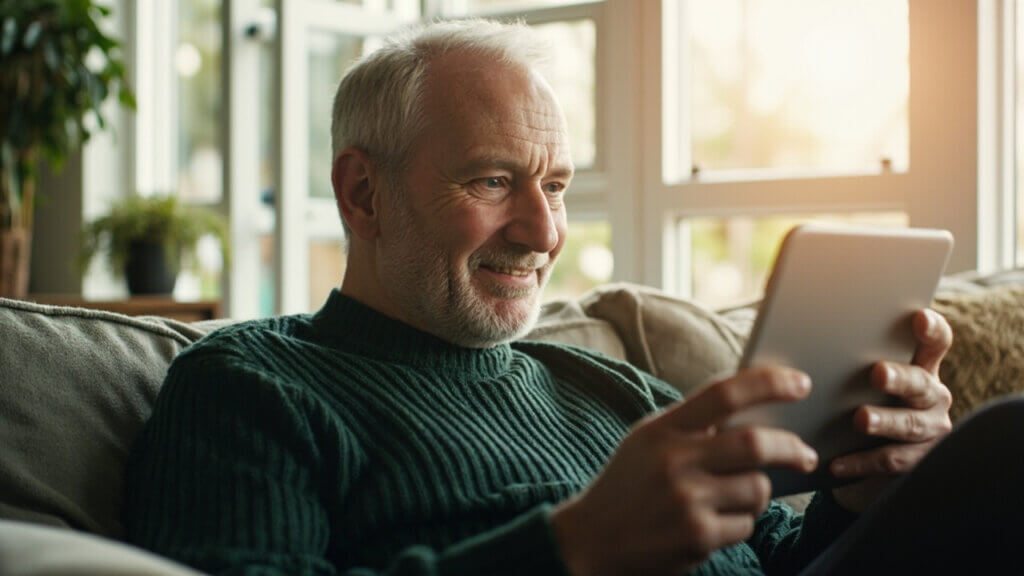 Older man smiling while talking to his grandchildren through a smart video app