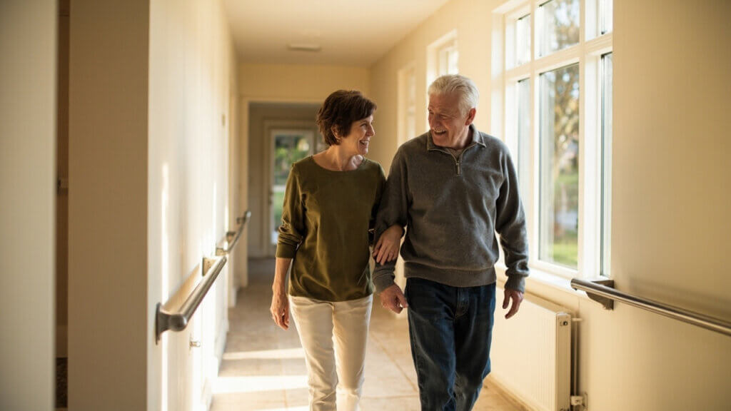 Senior couple confidently navigating their age-proofed home with safety features