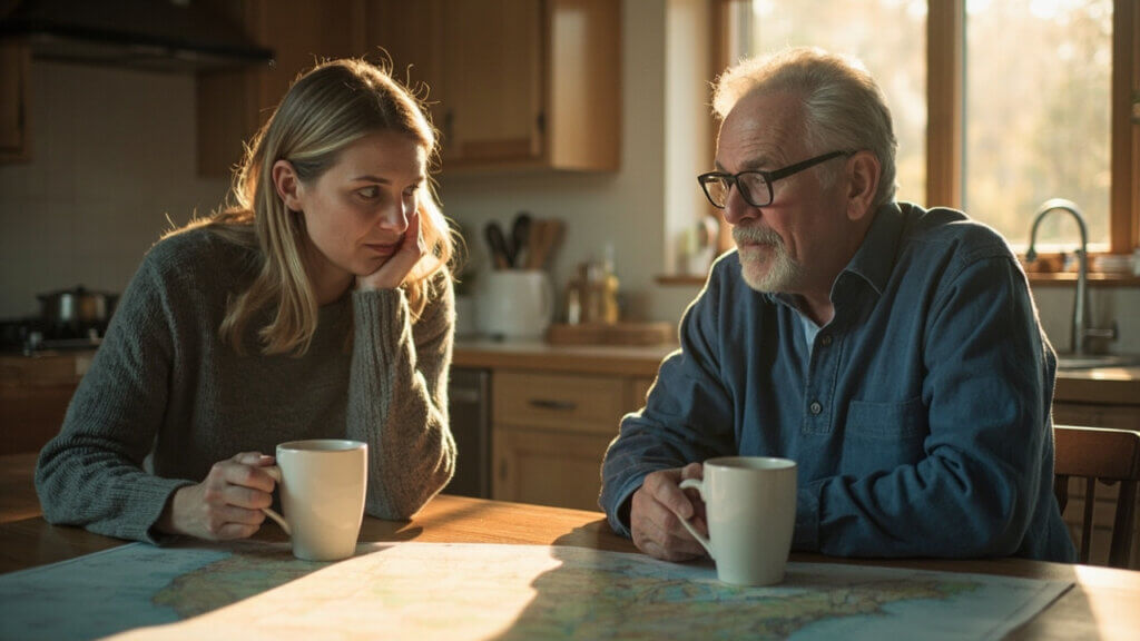 Senior couple planning a possible move to be near family using a map at home