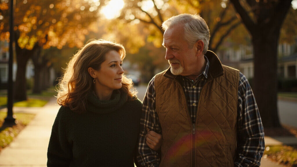 Senior couple talking openly during a peaceful walk, rebuilding emotional connection
