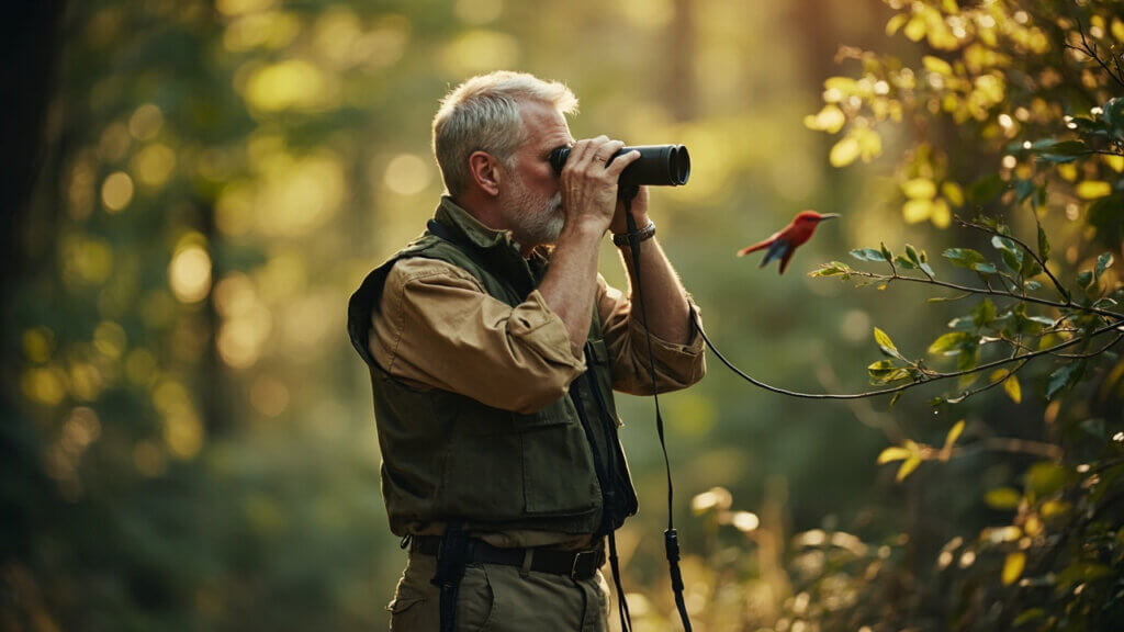 Senior man birdwatching with binoculars in a peaceful natural setting