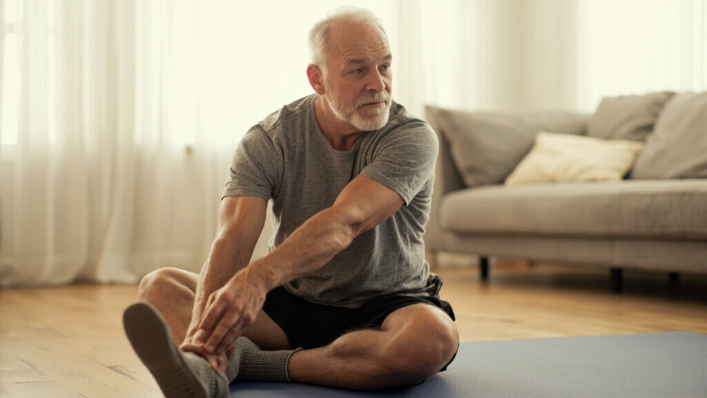 Senior man stretching his legs on a mat to maintain flexibility and prevent injury