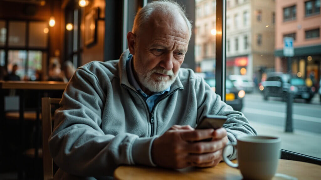 Senior using a mobile app to search for nearby deals and senior discounts