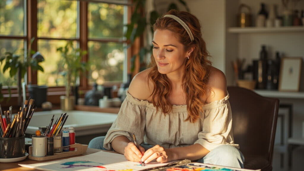 Senior woman enjoying a relaxing afternoon painting at home
