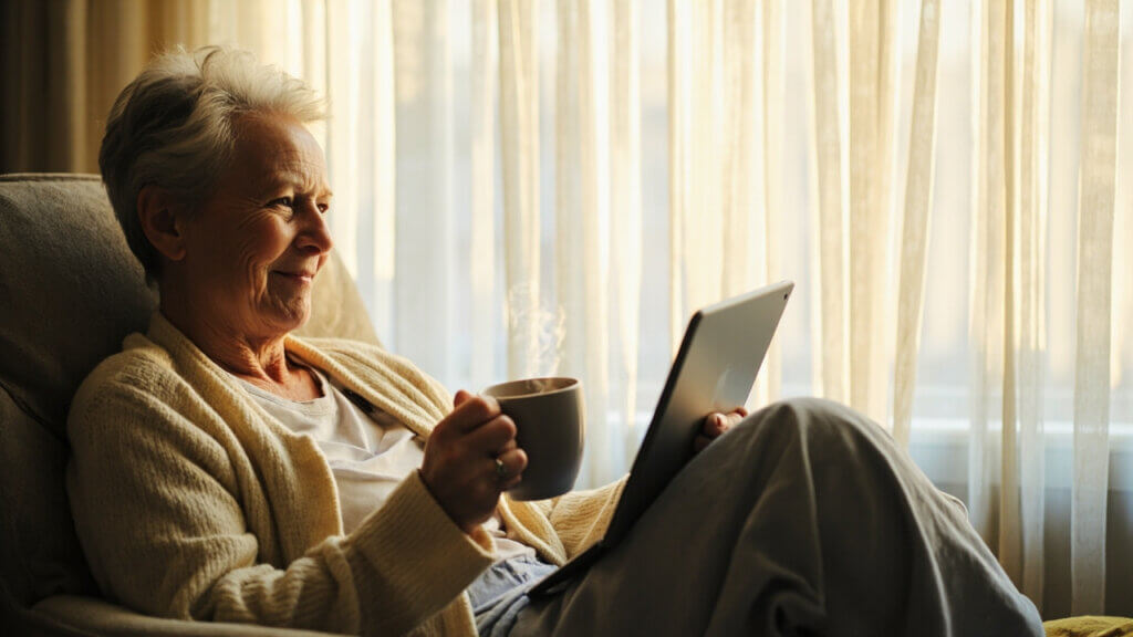 Senior woman enjoying relaxing YouTube content about lifestyle and aging