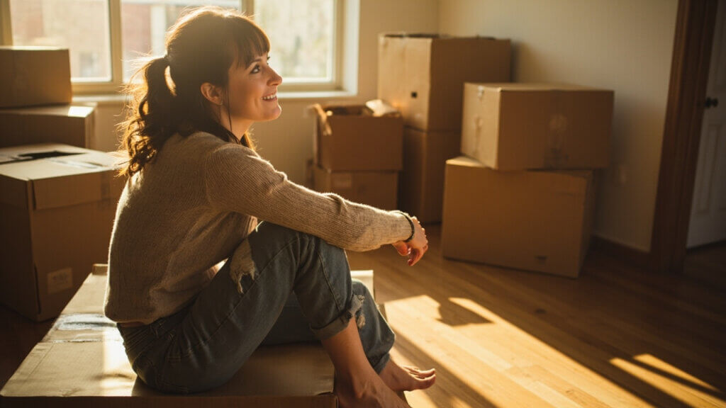 Senior woman reflecting on a major life change after packing up for a move