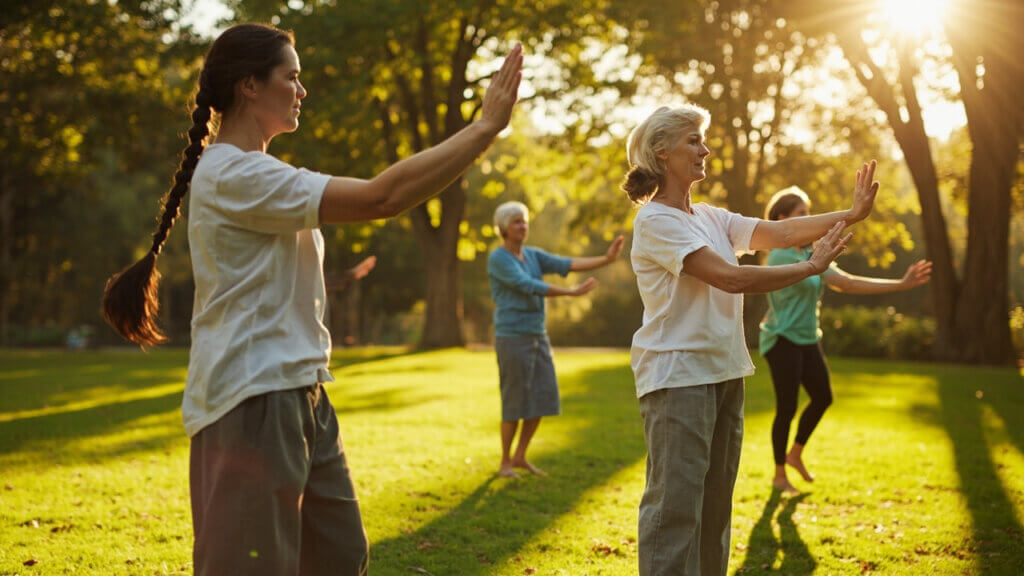 Seniors practicing gentle tai chi outdoors for balance and relaxation