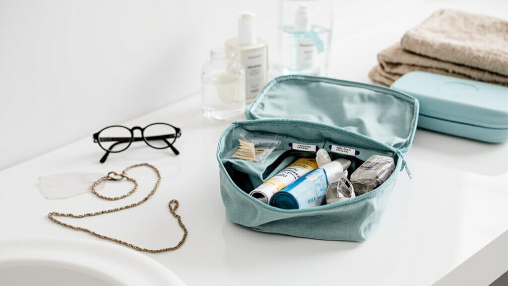Cruise-friendly toiletry bag packed with organized health and hygiene essentials for seniors