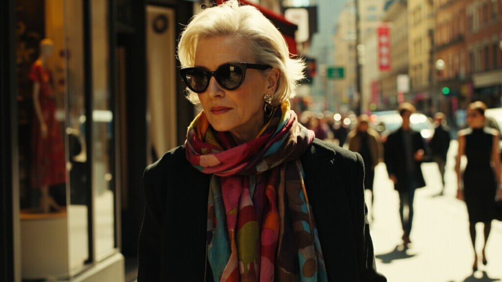 Fashionable older woman walking with confidence, showing off a colorful scarf and stylish sunglasses