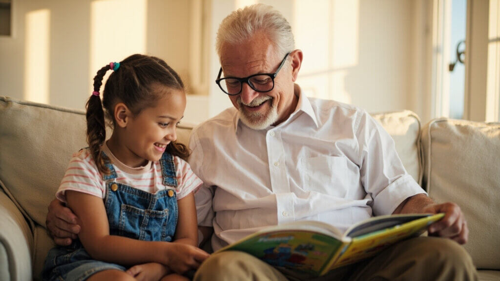 Grandfather reading with grandchild during a quiet afternoon break on vacation