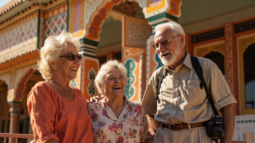 Group of older adults gathered outside a vibrant hotel, smiling and laughing