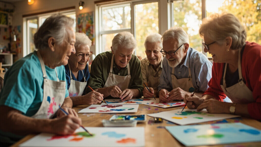 Group of seniors painting together during a retirement art class