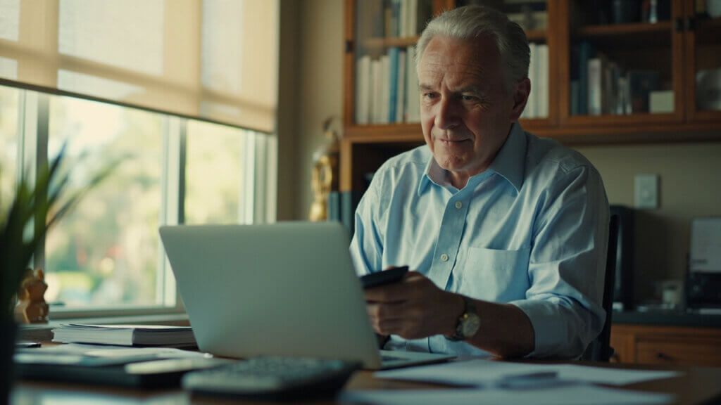 Man over 60 reviewing his monthly retirement income and expenses with confidence