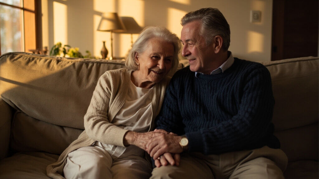 Mature couple sitting close together on a couch having an intimate conversation