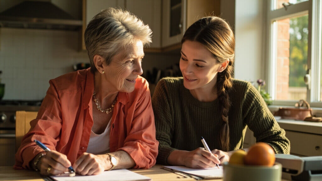 Mature woman helping her adult daughter brainstorm next steps without taking over the conversation